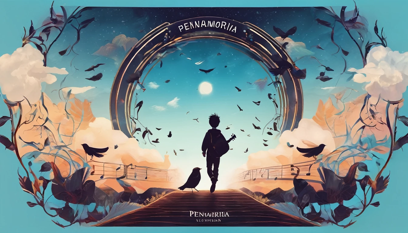 Create a professional, fantastic, cinematic Youtube Banner for a brand about music and stories called " Penamemoria". Masterpiece, 4k, sharp focus, highest quality,wide shot. The title is " Penamemoria". Is a brand about the creative, unique journey of a boy into becoming a musician storyteller. In his journey he finds inspiration in a world of birds and feathers. Minimalistic, simple, poetic, dreamy logotype at the center of the image. The Background image is a world full of fantastic feathers, unique birds, light blue sky, and a boy running happily into the horizon with an acoustic guitar in his right hand. Boy running against the wind, almost simulating like he is flying