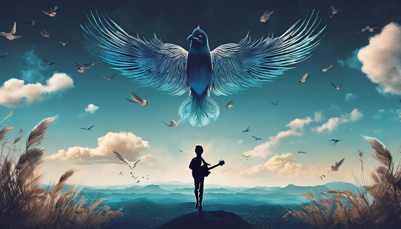 Create a professional, fantastic, cinematic Youtube Banner for a brand about music and stories called " Penamemoria". Masterpiece, 4k, sharp focus, highest quality,wide shot. The title is " Penamemoria". Is a brand about the creative, unique journey of a boy into becoming a musician storyteller. In his journey he finds inspiration in a world of birds and feathers. Minimalistic, simple, poetic, dreamy logotype at the center of the image. The Background image is a world full of fantastic feathers, unique birds, light blue sky, and a boy running happily into the horizon with an acoustic guitar in his right hand. Boy running against the wind, almost simulating like he is flying