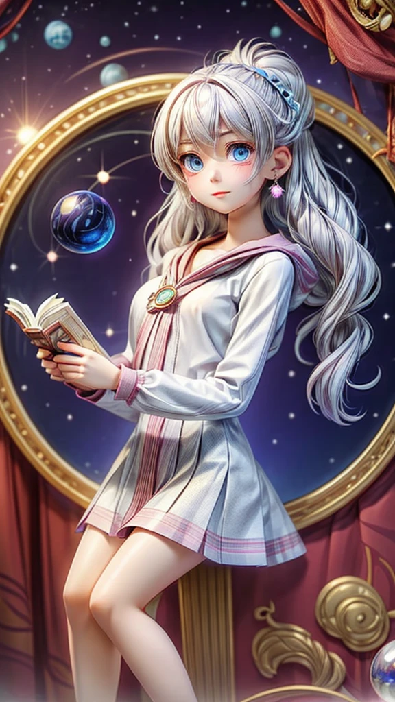 a young female astrologist, reading fortune, crystal ball, astrological chart, silver hair, blue eyes, celestial sphere