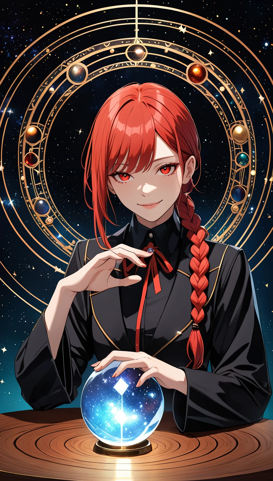 in style of Georg Jensen, Halo,1 girl,Astrologer, Makima(Chainsaw Man), red long hair, Black magic suit, Magic Shirt, Magic tie, Red pupil, (((Low Braided Ponytail))), Mysterious smile, gesture, From the Galaxy, Wooden square table, Claw lifting base, (Crystal ball from the galaxy), black background, Point lights, Mysterious atmosphere, F, Surrealismwide angle,