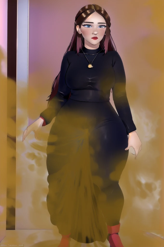 (incredibly absurdres, ultra-detailed, CG ,unity,8k wallpaper),(masterpiece),(realistic),(photorealistic:1.2),(raw photo:1.2), (best quality:1.2), (detailed face:1.4),(beautiful detailed eyes:1.2),(detailed hair), light on face, huge filesize,cinematic lighting, 1girl,sex,eyeliner,kawaii, student, long hair, brown hair, ((wavy hair)), hair ornament, ((light blush)), ((mole under eye)), ((expressionless eyes)), blue eyes, ((large breasts)),fashi-g, red lips, makeup,shirt lift, ((black sweater top, leggings)),(erection under clothes:1.3), bulge, penis bulge, (big thick penis:1.3), ((ab lines)), black kneehighs, jewellery, earrings, necklace, ((((standing)))), ((in the bathroom, looking at viewer, seductive, from front)), Depth of field, fantasy, high contrast, ink strokes, explosions, over exposure, purple and red tone impression, abstract