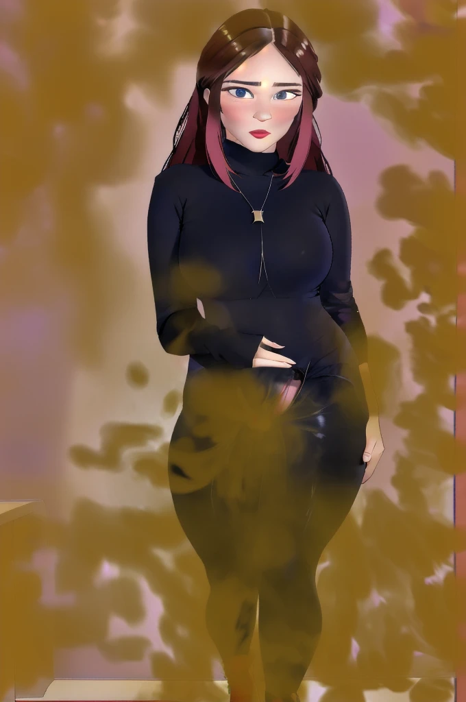(incredibly absurdres, ultra-detailed, CG ,unity,8k wallpaper),(masterpiece),(realistic),(photorealistic:1.2),(raw photo:1.2), (best quality:1.2), (detailed face:1.4),(beautiful detailed eyes:1.2),(detailed hair), light on face, huge filesize,cinematic lighting, 1girl,sex,eyeliner,kawaii, student, long hair, brown hair, ((wavy hair)), hair ornament, ((light blush)), ((mole under eye)), ((expressionless eyes)), blue eyes, ((large breasts)),fashi-g, red lips, makeup,shirt lift, ((black sweater top, leggings)),(erection under clothes:1.3), bulge, penis bulge, (big thick penis:1.3), ((ab lines)), black kneehighs, jewellery, earrings, necklace, ((((standing)))), ((in the bathroom, looking at viewer, seductive, from front)), Depth of field, fantasy, high contrast, ink strokes, explosions, over exposure, purple and red tone impression, abstract