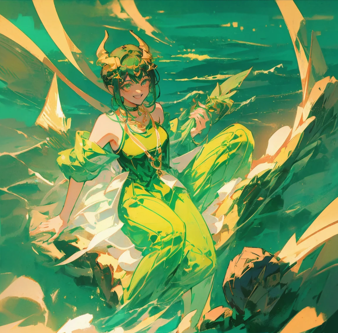 One woman、Gorgeous green swimsuit、,race,Black Hair、Short bun hair、hair ornaments、necklace、back、Golden devil horns、Anatomically correct,、Night beach、smile、Night Pool