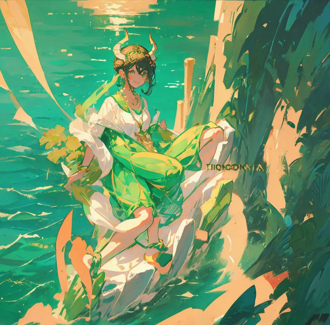 One woman、Gorgeous green swimsuit、,race,Black Hair、Short bun hair、hair ornaments、necklace、back、Golden devil horns、Anatomically correct,、Night beach、smile、Night Pool