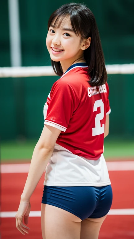 ((Whole body 1.4)),((((Front shot)))),masterpiece, Highest quality, RAW Photos, 8K, Highly detailed face, One Girl, close, Beautiful and detailed skin, Backlight, Soft Light, shy, (Shoot from the front:1.2), smile, open your mouth to say something, Reveal, Anatomically correct, short hair, Windblown Hair, Eye and facial details, Textured skin, Professional photography, Bokeh, Portraiture, Professional Lighting, alone, cute, girly, Film Grain, Red volleyball player uniform,Tight fit hot pants type、Focus on your knees、Volleyball court,indoor