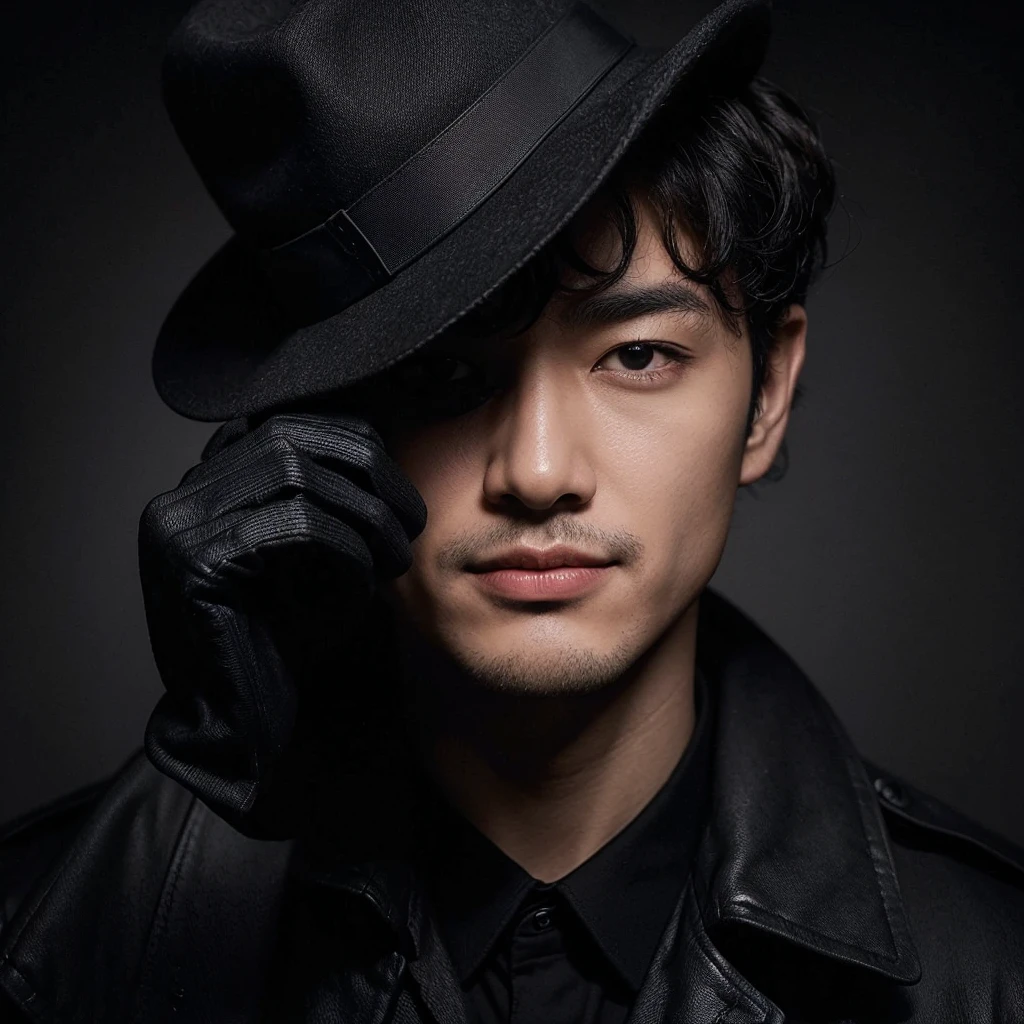 Professional photorealistic depiction of a black backgrond,a korean man ,clean face,messy very short curly hair.dressed like detective completely in black ,his clothes blend completely in the background.half of his face (45 degrees) is visible and one strand of his face,the rest in covered by the big hat detective, it blends into the background,the expression of a small smile,his hand hold the hat,satisfaction from solving the case.4K,ULTRA HD,PHOTOGRAPHY