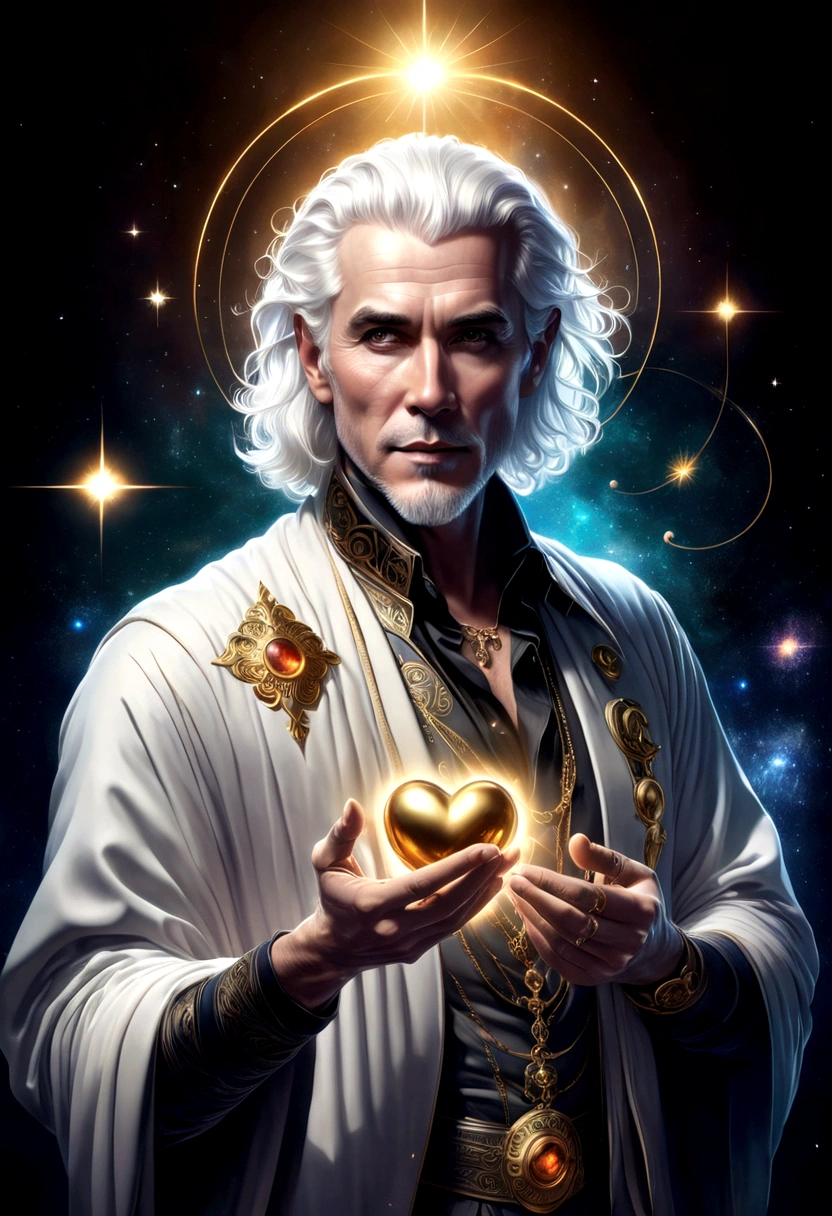 Magician, baron, High target,, White skin, White hair, Golden Eyes, , Holding a love heart in hand Style-GravityMagic, Solitary, Upper Body, Looking at the audience, Detailed background, Delicate face, (Bohemian, Bohemian theme:1.1) (Glowing eyes:1.05), Live constellation, Zodiac signs, Horoscope, Peace of mind, calm, Gemini, symbolic meaning, Astral Energy, Bright white light, Space Light, bloom, metaphysics, Implications, Stardust, Backlight, Universe space background, Ethereal atmosphere,
