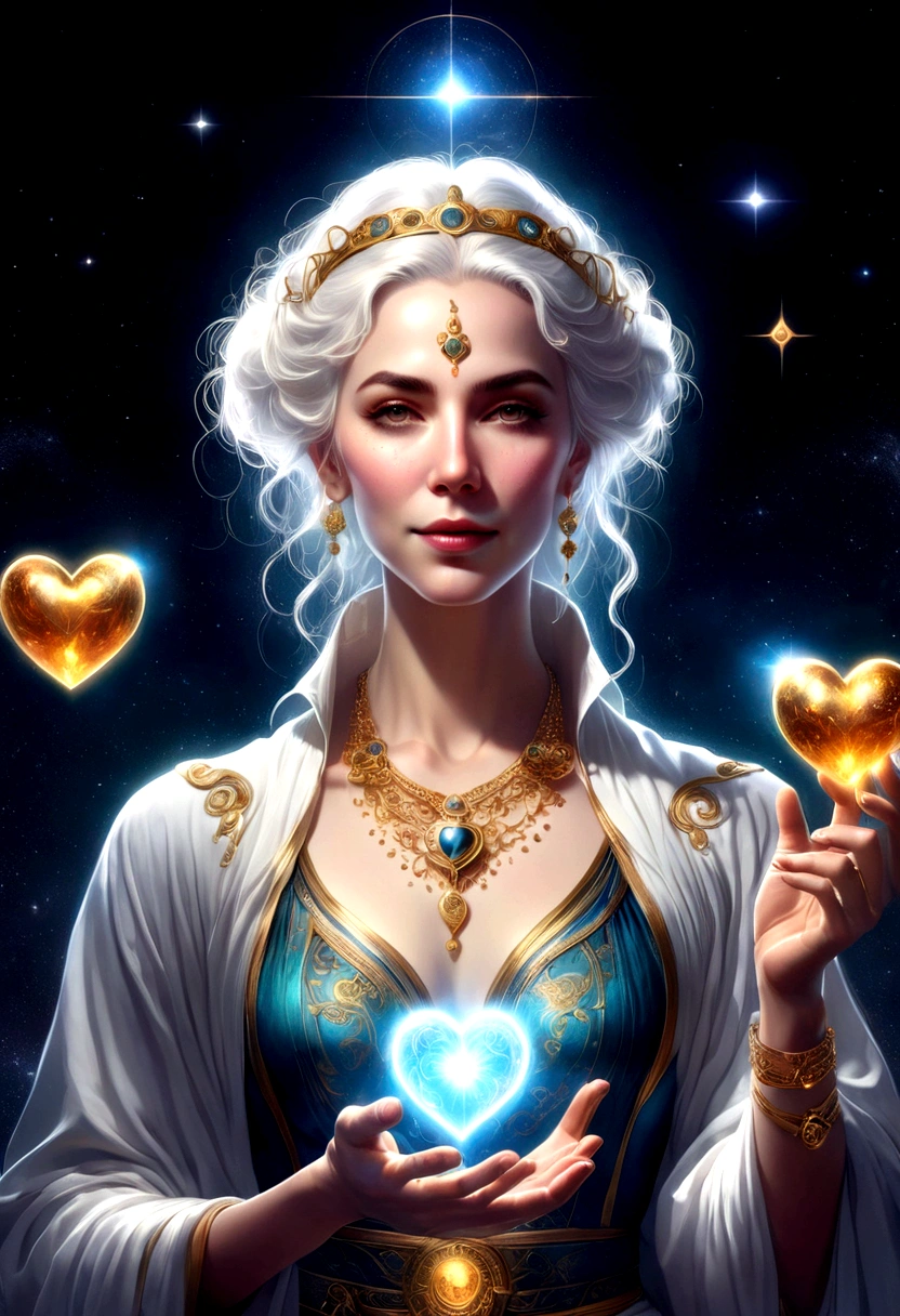 Magician, baron, High target,, White skin, White hair, Golden Eyes, , Holding a love heart in hand Style-GravityMagic, Solitary, Upper Body, Looking at the audience, Detailed background, Delicate face, (Bohemian, Bohemian theme:1.1) (Glowing eyes:1.05), Live constellation, Zodiac signs, Horoscope, Peace of mind, calm, Gemini, symbolic meaning, Astral Energy, Bright white light, Space Light, bloom, metaphysics, Implications, Stardust, Backlight, Universe space background, Ethereal atmosphere,