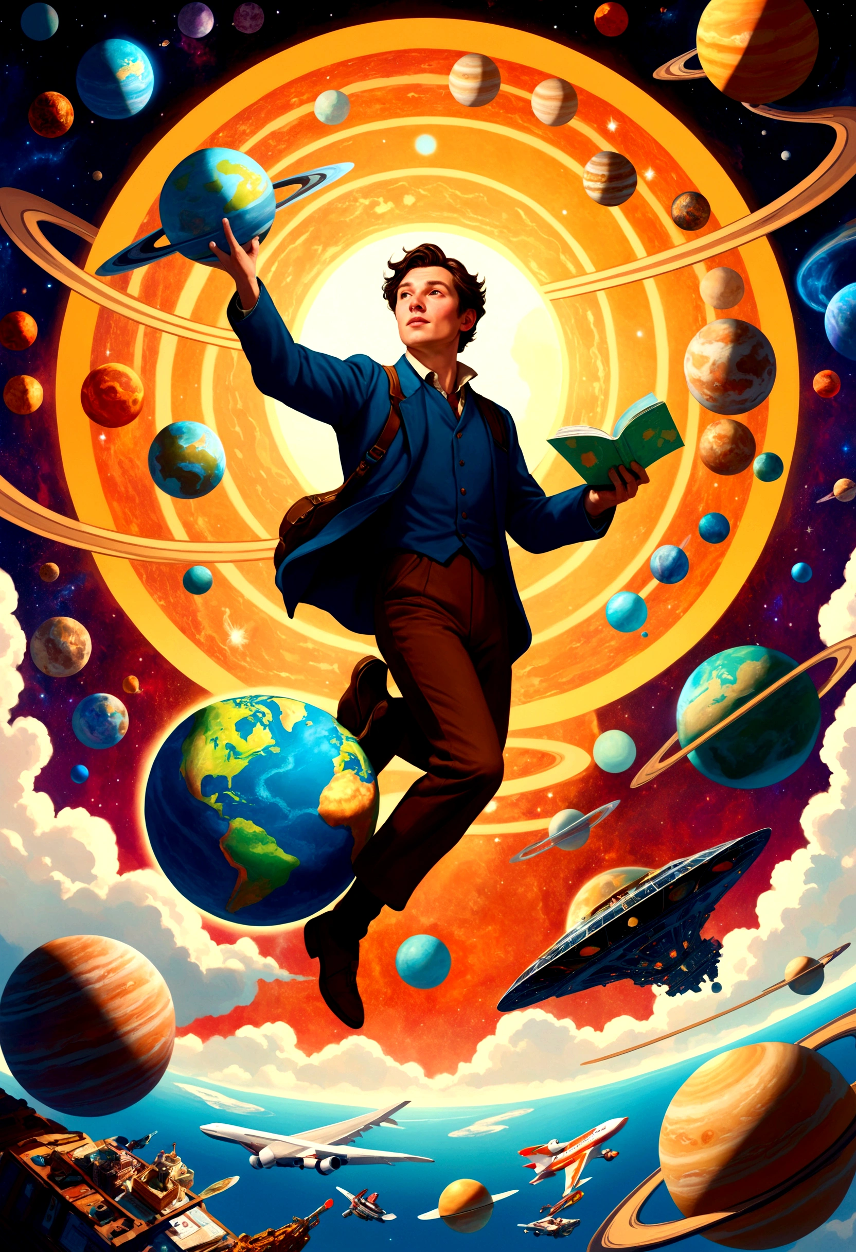 A man flies through the sky，Surrounded by a planet，A variety of goods surround it。The man holds the map，'s illustration。