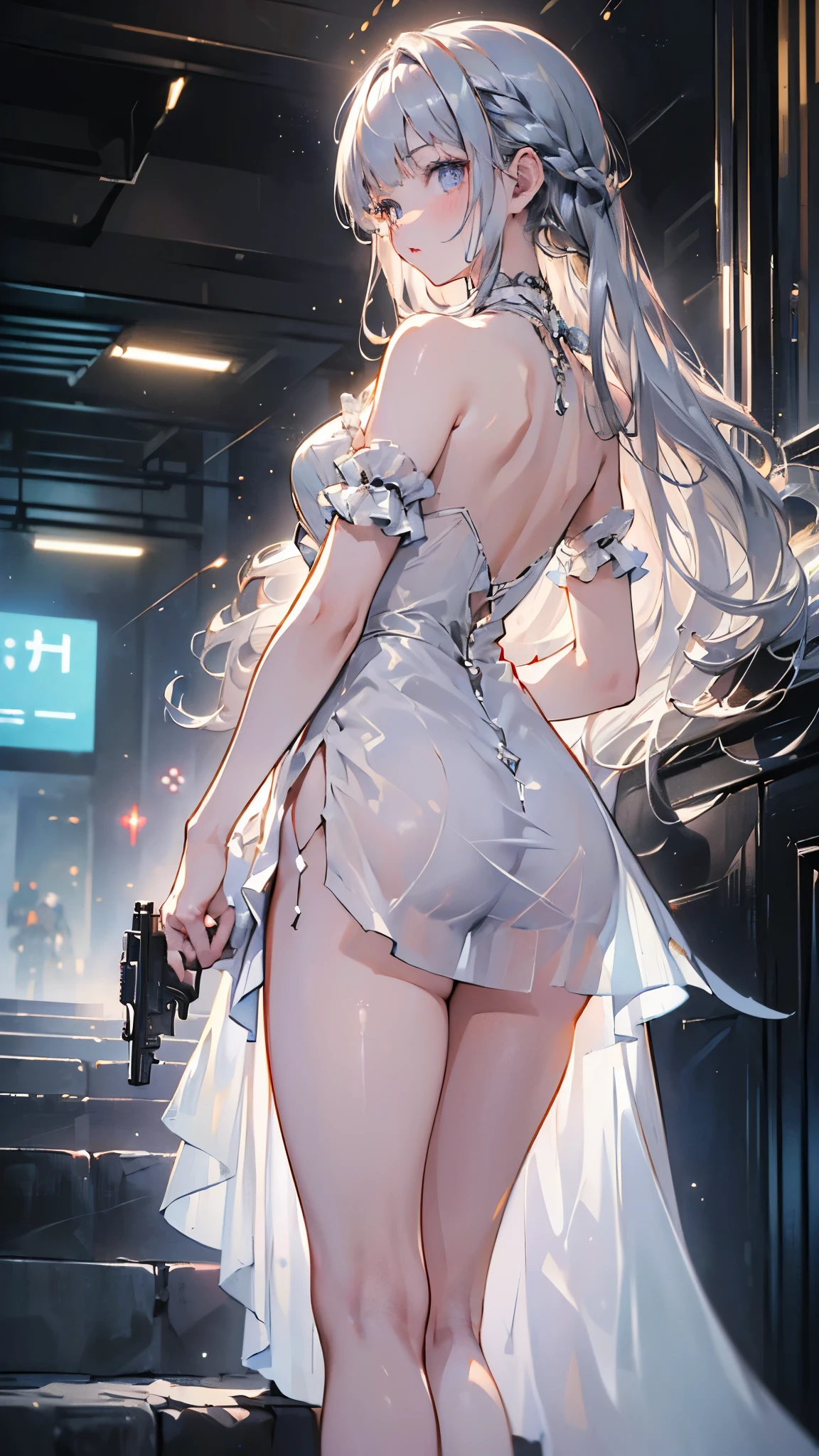 (masterpiece:1.5),ultra-detailed, 8K, High resolution, best quality, depth of field,
(parfect anatomy:1.2),
(1girl), (solo), (dramatic angle),(elegant pose:1.4), looking at viewer, (cowboy shot),
delicate beauty girl,
(16years_old girl), blush,(silver hair:1.4), (extreme long hair), (floating hair), bang, french braid,
(blue eyes), fine detailed eyes,
(small bast), parted lips, bare shoulders, (bare_back dress:1.4), (white dress), (no_sleeves), (skirt slit :1.6), (white stockings), (sheer fashion:1.6), (high_heels), (no_lingeries), holding weapon, handgun, (holding handgun:1.6), (point a gun at viewer:1.6), outdoor, cityscape, building,
(cinematic lighting:1.2),
(cinematic shadow:1.2), (dramatic reflection:1.2),
