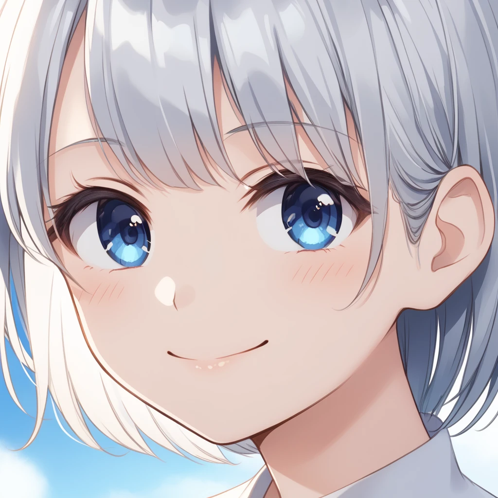 ((high quality,最high quality,8K,Best image quality)),Girl ri:1.1,(Silver Hair:1.2),cute,(Very Short Hair:1.3),(Long sideburns:1.3),(Dark blue eyes:1.1),(White large one-piece dress:1.3),(smile:1.1),Strong winds,Transparency,Blue sky,Close-up of face