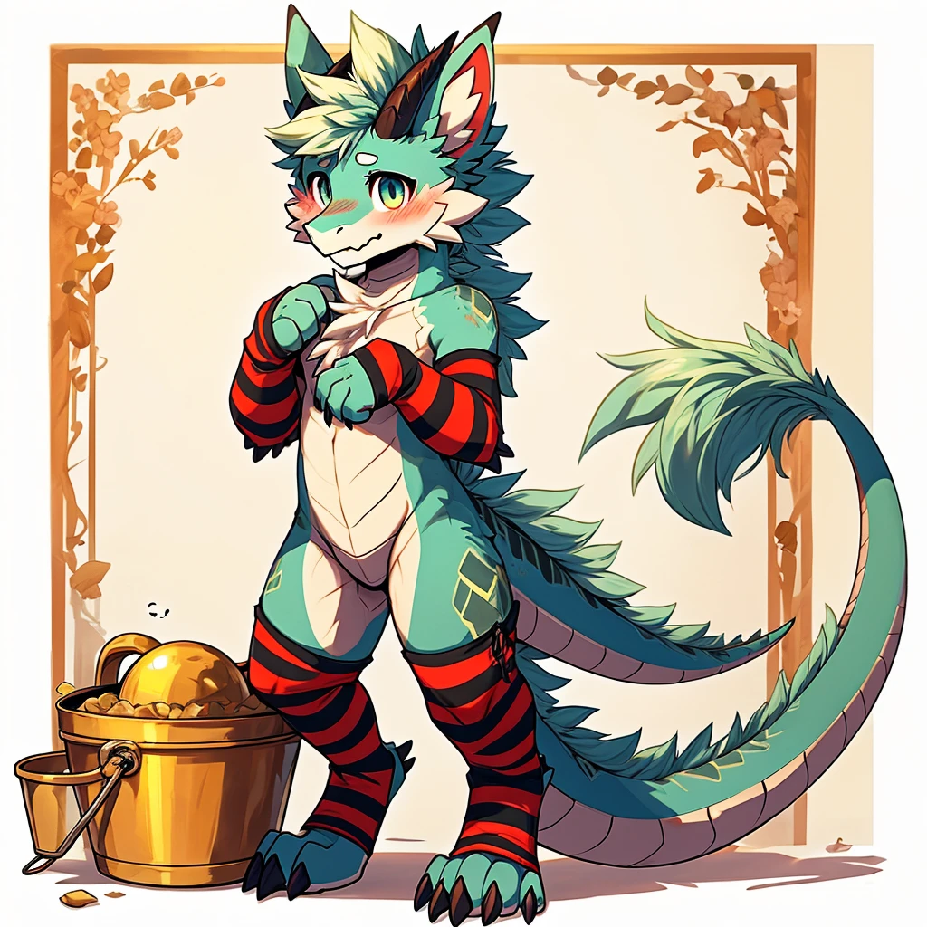 ((best quality)), ((masterpiece)), furry, furry art, dragon, scalie, furred dragon, cyan fur, white fur, solo, slim, perfect proportions, fluffy, neck fur, thin tail, yellow arm warmers, yellow thigh highs, golden bucket hat, shy, blush, pose, full body