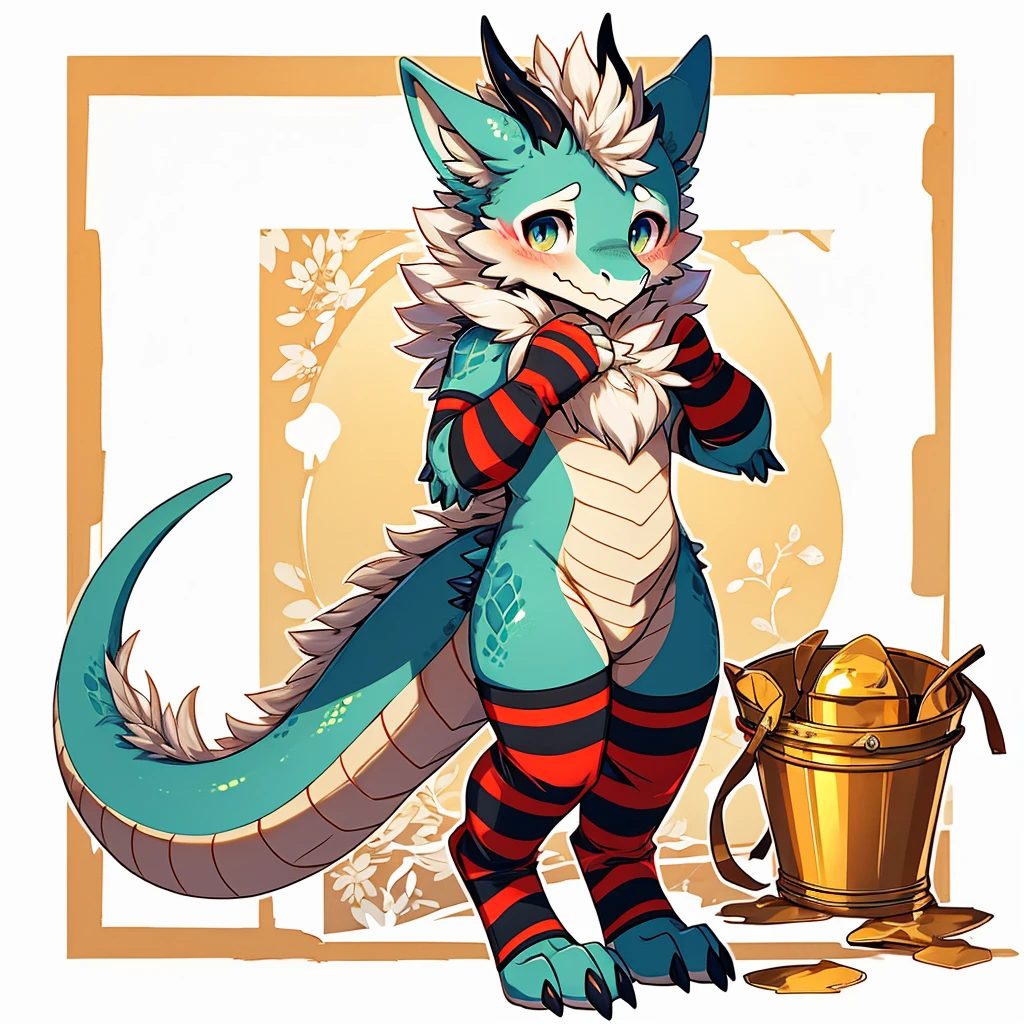 ((best quality)), ((masterpiece)), furry, furry art, dragon, scalie, furred dragon, cyan fur, white fur, solo, slim, perfect proportions, fluffy, neck fur, thin tail, yellow arm warmers, yellow thigh highs, golden bucket hat, shy, blush, pose, full body