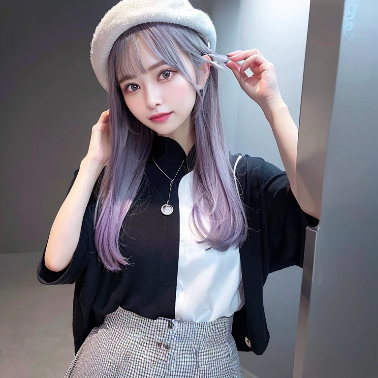 One girl,Beautiful vintage colors, Instagram (photoRealistic, High resolution:1.4), ((Puffy eyes)), View your viewers, , whole body (8K, RAW Photos, Highest quality, masterpiece:1.2), (Realistic, photo-Realistic:1.37),(Sharp focus:1.2), Professional Lighting, Photon Mapping, Radio City, Physically Based Rendering, (Pale skin:1.2),(Small breasts:1.2), View your viewers, (Mid-length hair:1.5), Portraiture, Purple eyes, (Silver Hair:1.1),bangs, (Simple Background:1.4), alone, Upper Body, Realistic,(masterpiece:1.4),(Highest quality:1.4),(Shiny skin),Fashionable Girl,compensate,smile(skinny,Mouth closed,shy :1.3) ,(Are standing,Black stewardess uniform,Necromancer:1.1),Wearing glasses with thin frames,necklace,hatを被っている,hat,Selfie,鏡に向かってSelfie,selfy