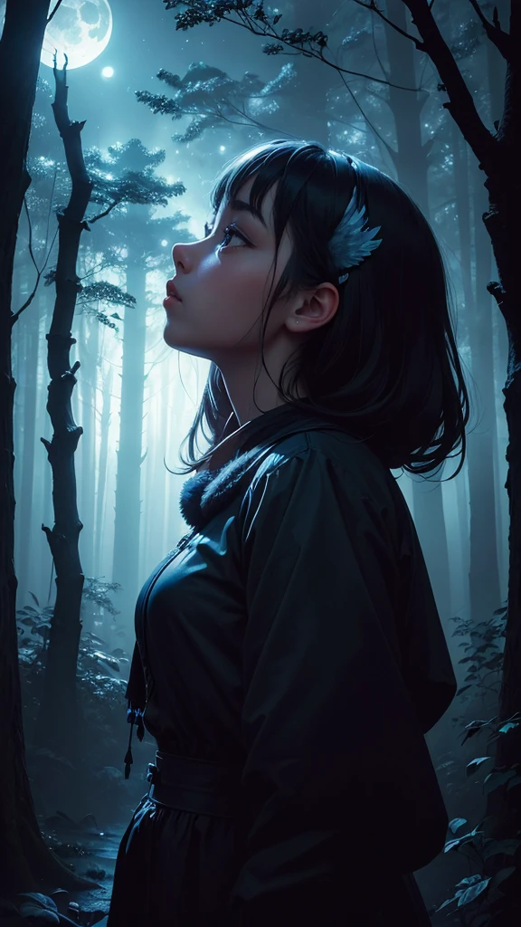 ((masterpiece)),((Highest quality)),((Lots of details)),((Realistic feel)), ((look up)), Pitch Black, night, Deep in the forest, Moonlight shines, Cool blue shade, Silhouette of a girl wearing a white owl, The sky is high, Dim and dim, High Contrast