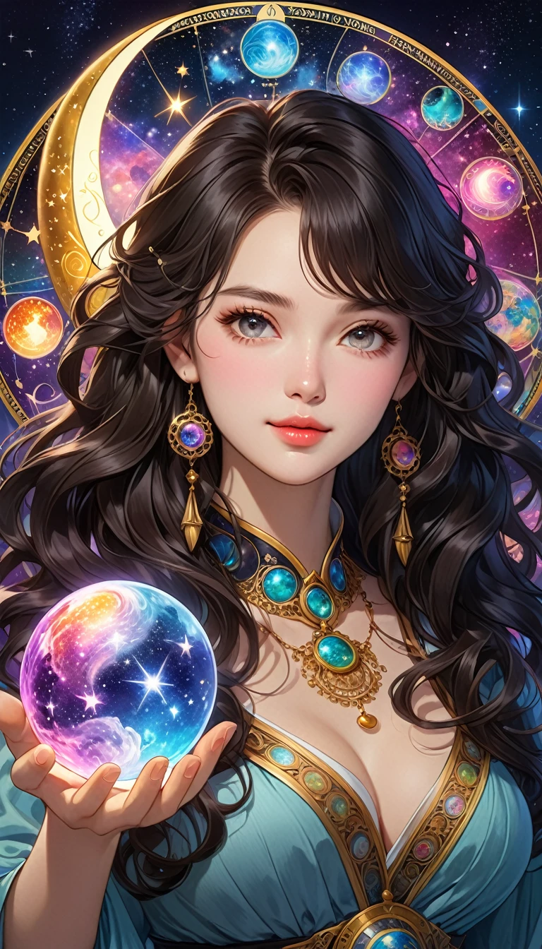 最Highest quality, Highest quality, 16K, Unbelievably absurd, Very detailed, 2.5D, delicate and dynamic, , formal, universe space, Night Sky, Crescent Moon, constellation, Gorgeous nebula, meteor, , Tarot Cards, Giant magic circle, A complex magic circle, Colorful magic circle, A colorful celestial globe, Small face, Very delicate facial expressions, Delicate eye depiction, Upper body close-up, erotic, One sexy woman, Cool woman, black long wavy hair, Healthy body shape, 25-year-old woman, Cool woman, Height: 170cm, huge bouncing busts, astrologer, Horoscope, Tarot Cards, Calm expression, A complex magician&#39;s outfit, Magician&#39;s outfit in chic colors, garter belt, Fishnet tights, Magician&#39;s Shoes, Fortune telling, Declare, Tarot Cardsを配る, Tarot Cardsをばらまく