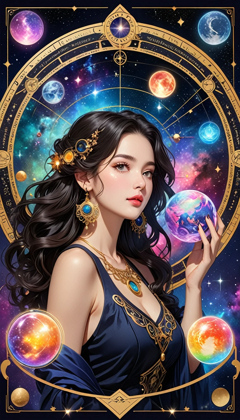 最Highest quality, Highest quality, 16K, Unbelievably absurd, Very detailed, 2.5D, delicate and dynamic, , formal, universe space, Night Sky, Crescent Moon, constellation, Gorgeous nebula, meteor, , Tarot Cards, Giant magic circle, A complex magic circle, Colorful magic circle, A colorful celestial globe, Small face, Very delicate facial expressions, Delicate eye depiction, Upper body close-up, erotic, One sexy woman, Cool woman, black long wavy hair, Healthy body shape, 25-year-old woman, Cool woman, Height: 170cm, huge bouncing busts, astrologer, Horoscope, Tarot Cards, Calm expression, A complex magician&#39;s outfit, Magician&#39;s outfit in chic colors, garter belt, Fishnet tights, Magician&#39;s Shoes, Fortune telling, Declare, Tarot Cardsを配る, Tarot Cardsをばらまく