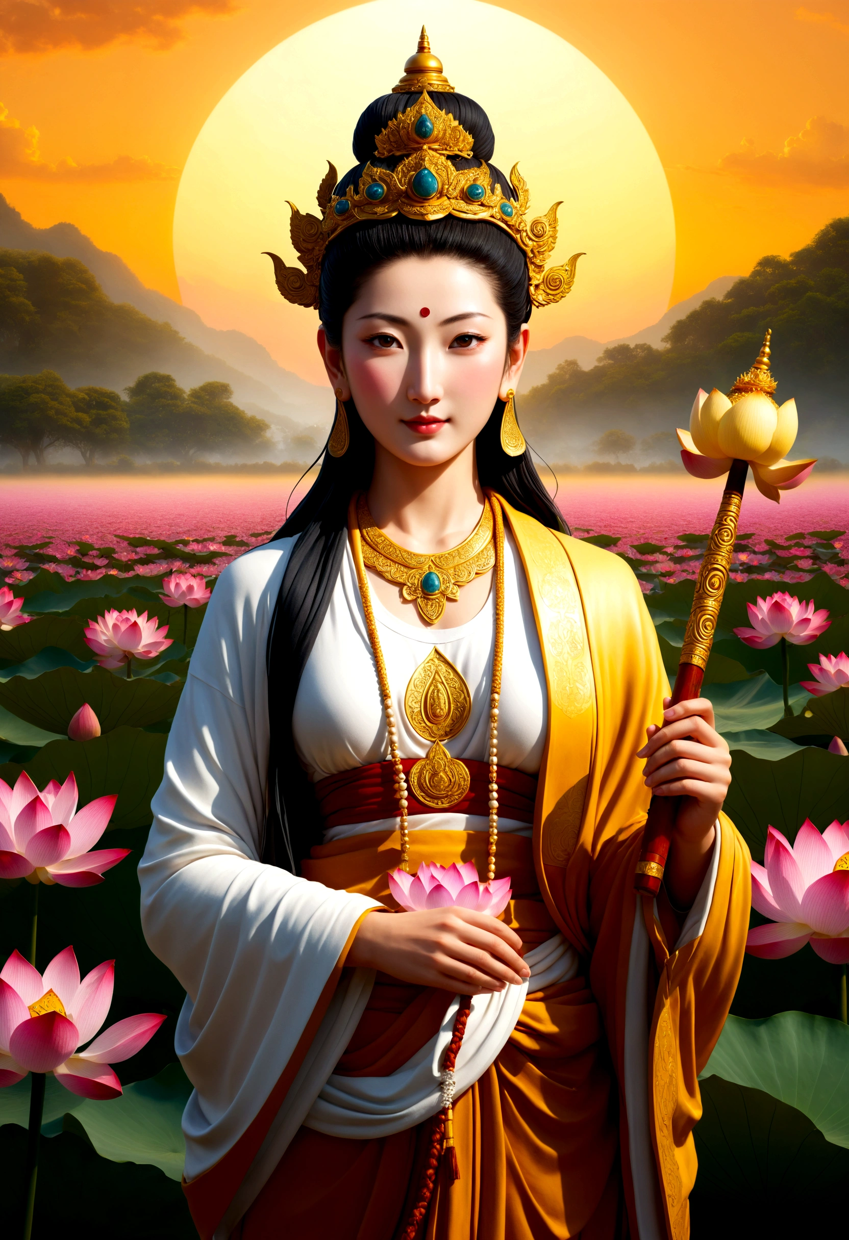 "In a highly detailed 8K RAW photo of unmatched quality, capture Kannon (Avalokiteshvara), embodying compassion, in a front-facing, human-like form. Emphasize her direct gaze at the viewer, conveying warmth with a serene smile, and highlight her holding a shakujō (a monk's staff) in her right hand. Adorned in attire symbolizing her mediatory role between the divine and human realms, she stands before a backdrop of a vibrant lotus field at golden hour, each bloom symbolizing purity and enlightenment. This ultra-realistic masterpiece, with its profound atmosphere of peace, invites deep reflection and spiritual connection."