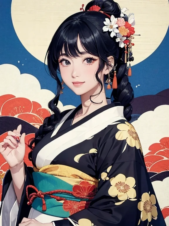 (Highest quality、masterpiece、High resolution、8K)、Ukiyo-e、Vibrant colors、Katsushika Hokusai、1 female、Black hair Japanese topknot、whole body、The kimono has a vivid floral pattern on a white background.、Official Art、背景はUkiyo-e風、White waves and Mt. Fuji、Flowers and Moon、White waves and the moon