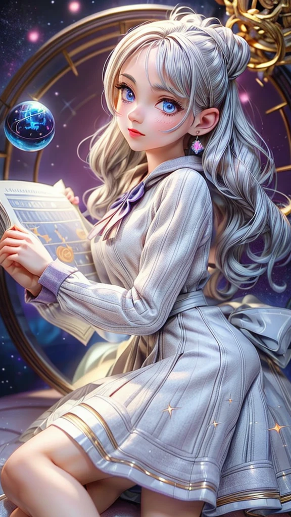 a young female astrologist, reading fortune, crystal ball, astrological chart, silver hair, blue eyes, celestial sphere, beautiful detailed eyes, beautiful detailed lips, extremely detailed eyes and face, long eyelashes, elegant dress, intricate celestial patterns, glowing orb, cosmic energy, vibrant colors, dramatic lighting, fantasy, mystical, cinematic, digital art, octane render, photorealistic, 8k, best quality, masterpiece:1.2, ultra-detailed, realistic:1.37