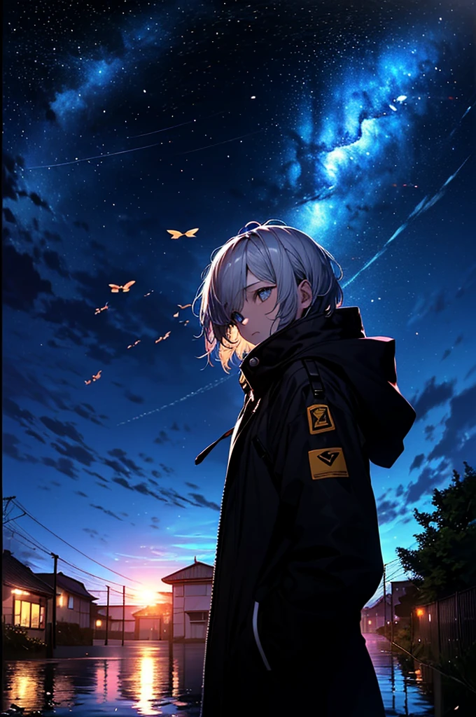 City of night,rain,Black coat,Put your hands in your pockets,(student, 18-year-old,beauty, Her short silver hair sways, Space-colored eyes, Pale skin, Tired face、Lack of eye sparkle\) Look up at the sky, (Many bright blue butterflies flying in the sky), (Shine in the sky), Beautiful starry sky,There are puddles on the ground、The scenery is beautiful., 広いLook up at the sky, Colorful summer flowers are blooming everywhere, I see the wind blowing and shining,The river is flowing,From below, break ,Highest quality\(8K,非常に精細なCGユニットのwallpaper, masterpiece,High resolution,Highest quality,Highest quality real texture skin,Surreal,Increase the resolution,RAW Photos,Highest quality,Very detailed,wallpaper,Cinema Lighting,Ray Tracing,Golden Ratio\),Have a long-term perspective,Anatomically correct.