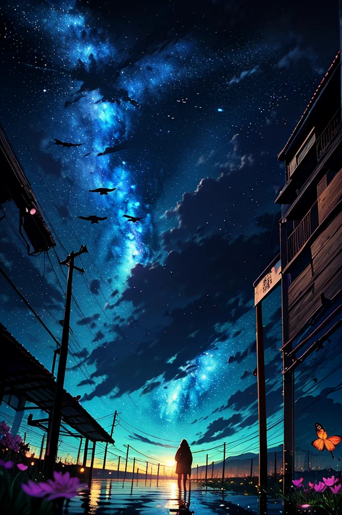 City of night,rain,Black coat,Put your hands in your pockets,(student, 18-year-old,beauty, Her short silver hair sways, Space-colored eyes, Pale skin, Tired face、Lack of eye sparkle\) Look up at the sky, (Many bright blue butterflies flying in the sky), (Shine in the sky), Beautiful starry sky,There are puddles on the ground、The scenery is beautiful., 広いLook up at the sky, Colorful summer flowers are blooming everywhere, I see the wind blowing and shining,The river is flowing,From below, break ,Highest quality\(8K,非常に精細なCGユニットのwallpaper, masterpiece,High resolution,Highest quality,Highest quality real texture skin,Surreal,Increase the resolution,RAW Photos,Highest quality,Very detailed,wallpaper,Cinema Lighting,Ray Tracing,Golden Ratio\),Have a long-term perspective,Anatomically correct.