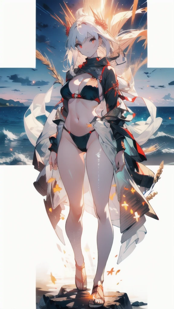 ((masterpiece, best quality)), Epic battlefield atmosphere，Delicate face，Nine-tailed Fox，Wheat skin，seaside，Beach，whole body，Standing picture，glowing eyes，Large Breasts，Perfect body proportions，Pure white background，firefly，Transparent sex bikini