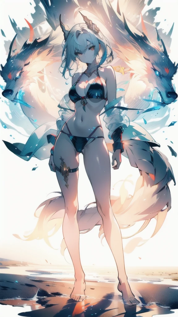 ((masterpiece, best quality)), Epic battlefield atmosphere,Delicate face,Nine-tailed Fox,Wheat skin,seaside,Beach,whole body,Standing picture,glowing eyes,Large Breasts,Perfect body proportions,Pure white background,firefly,Transparent sex bikini