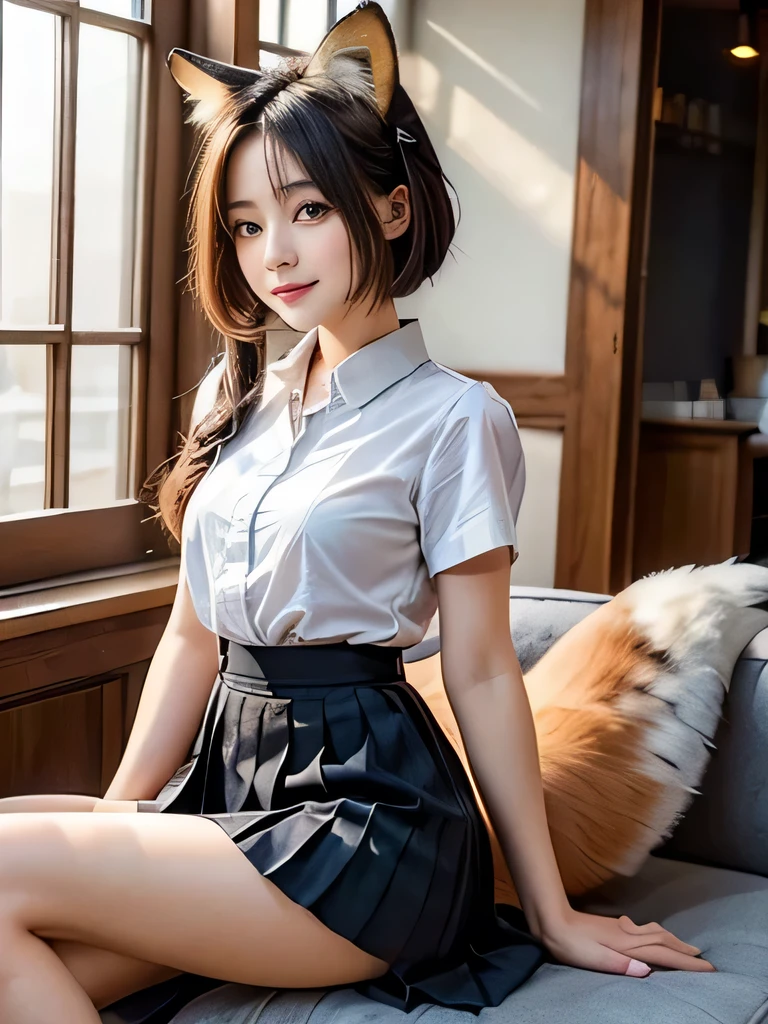 ((Highest quality, 32k)), ((masterpiece)), (Familiar), Perfect Face, pretty girl, She is about to sit on the sofa in a cafe in the city center., She is relaxing and drinking tea, She has a bushy tail on her butt, She has a fluffy tail, Beautiful hip line, Small breasts, She is wearing a neat blouse and pleated skirt., A bushy tail is visible from under her skirt,, Slender body, Her tail sticks out from under her skirt, (A fox tail protrudes from the inside of her skirt.:1.4), The base of her tail is hidden under her skirt., She holds her tail up in her hand