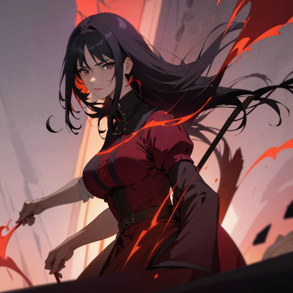 Elegant woman with cool red-purple heterochromia eyes, beautiful woman, perfect face,  wearing a red dress, long black hair (top quality, 8k, high, masterpiece), highly detailed facial features, intricate details, natural lighting, warm color, soft focus, digital painting, fantasy art, silhouette, red light, eerie atmosphere, foggy, Scythe, weapon, red aura, black particles, big breasts.