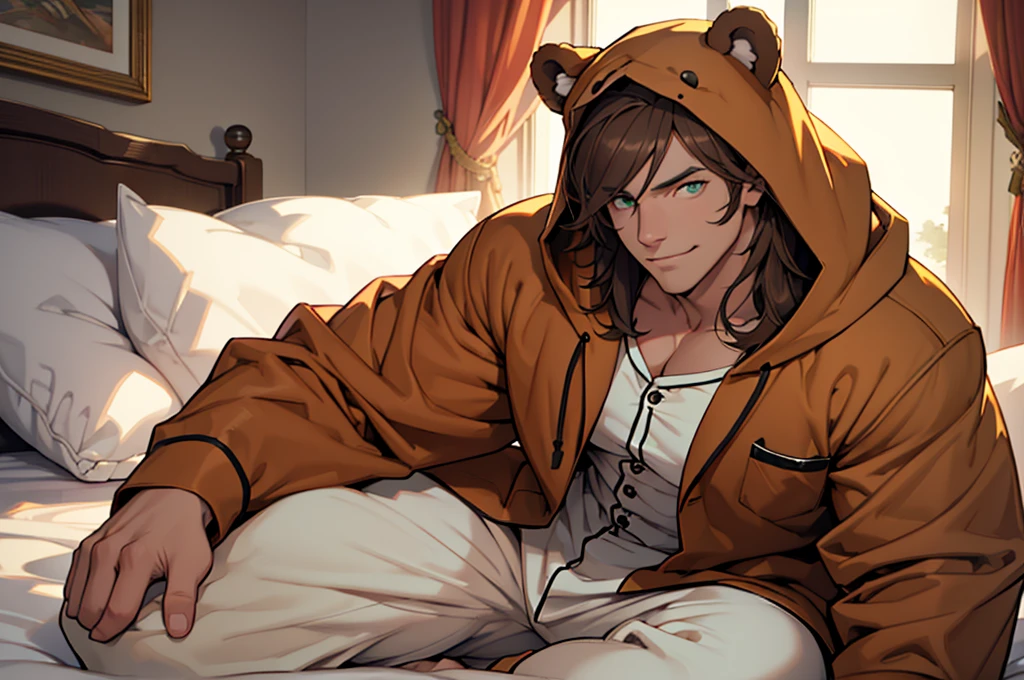 comely, (work of art), best qualityer, (extremely detailded face), muscular boy .extremely detailded eyes, perfect lighting, broad detail, detailded, deep skin,texturized skin, ,bear costume ,white bear costume branco , long sleeves, hood,,malva , long hair, greeneyes, great smile,on the bed ,sitting between pillows brown hair, (animal hood, bear ears), fake animal ears, texturized skin, High details, high qualiy, best qualityer, work of art, man wearing a bear costume, ((bear costume style pajamas)), room, Stuffed animal, white pajamas