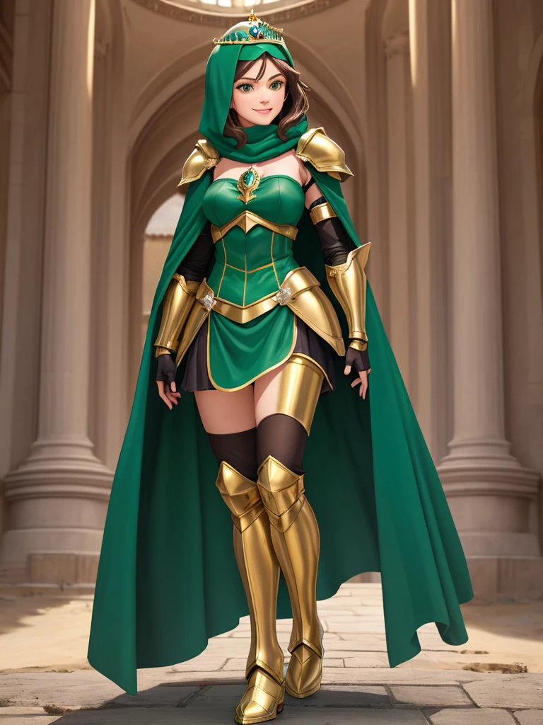 masterpiece, best quality:1.2), 1girl, smile, looking at viewer, green eyes, short brown hair, princess, armor, blue hijab headscarf, pauldrons, armored dress, green cloak cape, wearing puffy blue ballgown skirt, golden tiara with green gem, armored boots, fingerless gloves, standing in front of desert castle