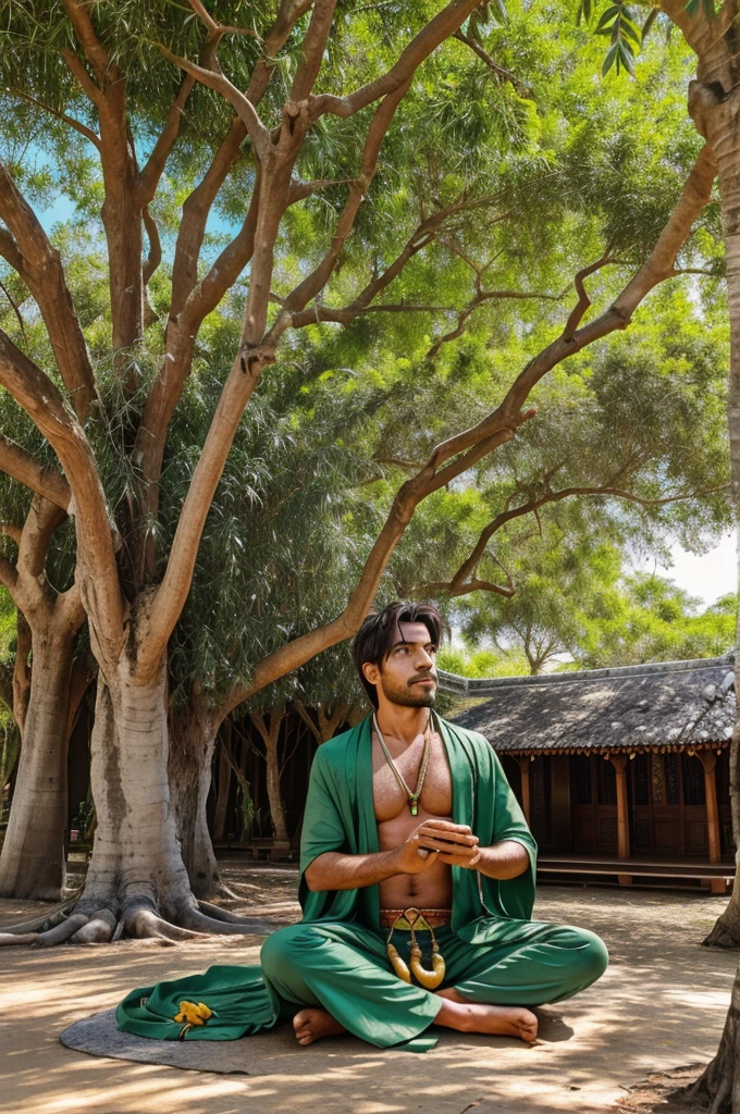 Generate an image of a sage under a banyan tree with full of nature and birds ,sage having a snake wrapped on his neck he is with pleasent feel of meditation