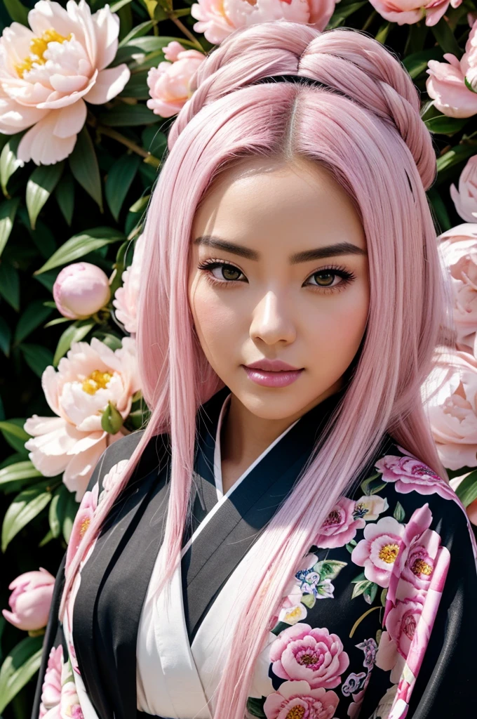 Draw a beautiful woman of Mexican nationality, hair with white roots and light pink tips., big beautiful pink eyes, blue and light yellow, medium large bust wearing a black kimono with peonies, light pink lips, in the middle of a magical Demon Slayer anime style garden