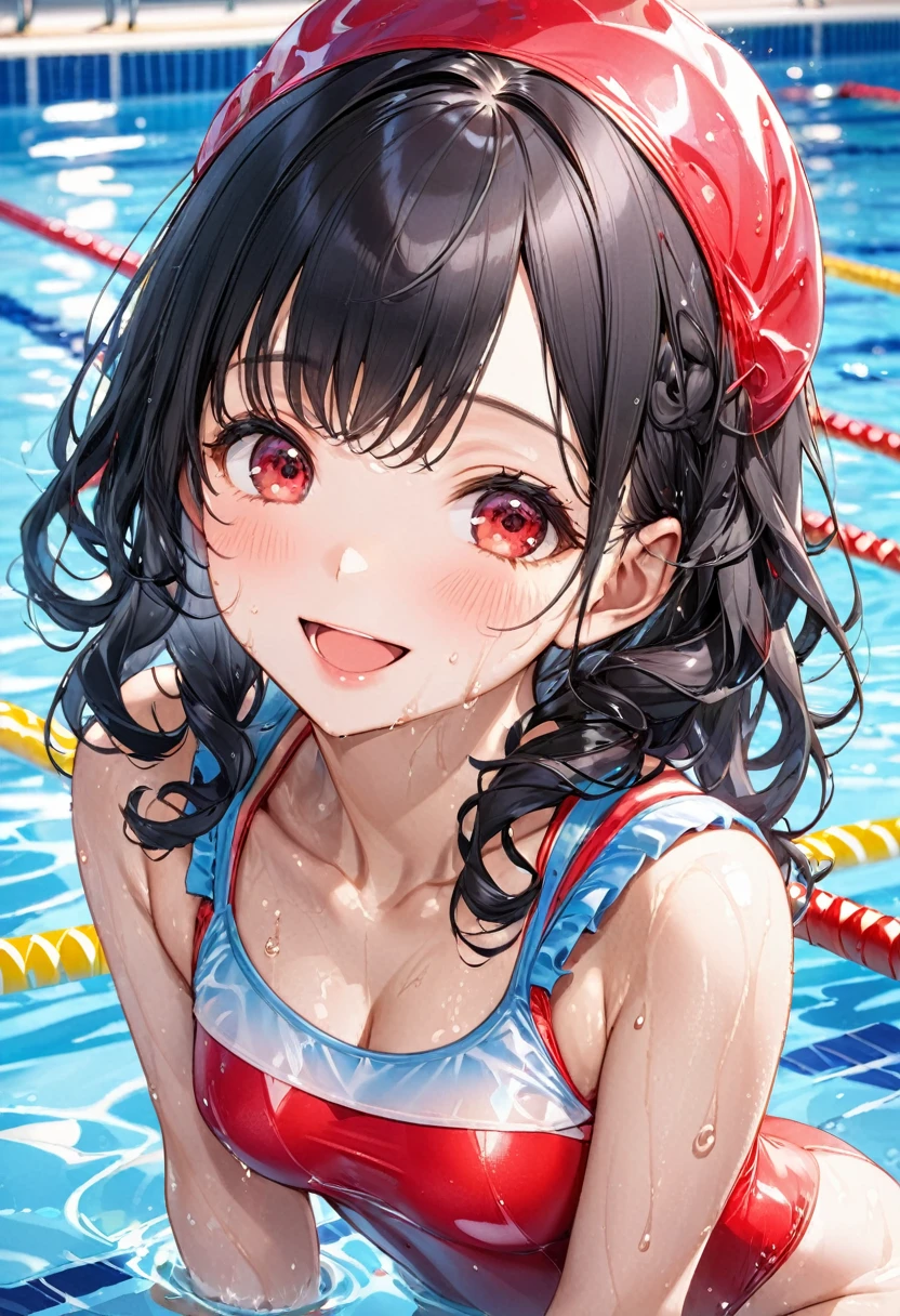 (Swimming Style), (Wet Skin, solo:2, curly:1.3 black hair long hair cute girl, cute red eyes, cute open mouth, glossy lips, enjoy smile, medium tits)n a One piece swimsuit, swimCap), break, in the School swimming pool, BREAK, perfect anatomy, masterpiece, best quality, 16k, beautiful detailed grow, daydreaming expression.
