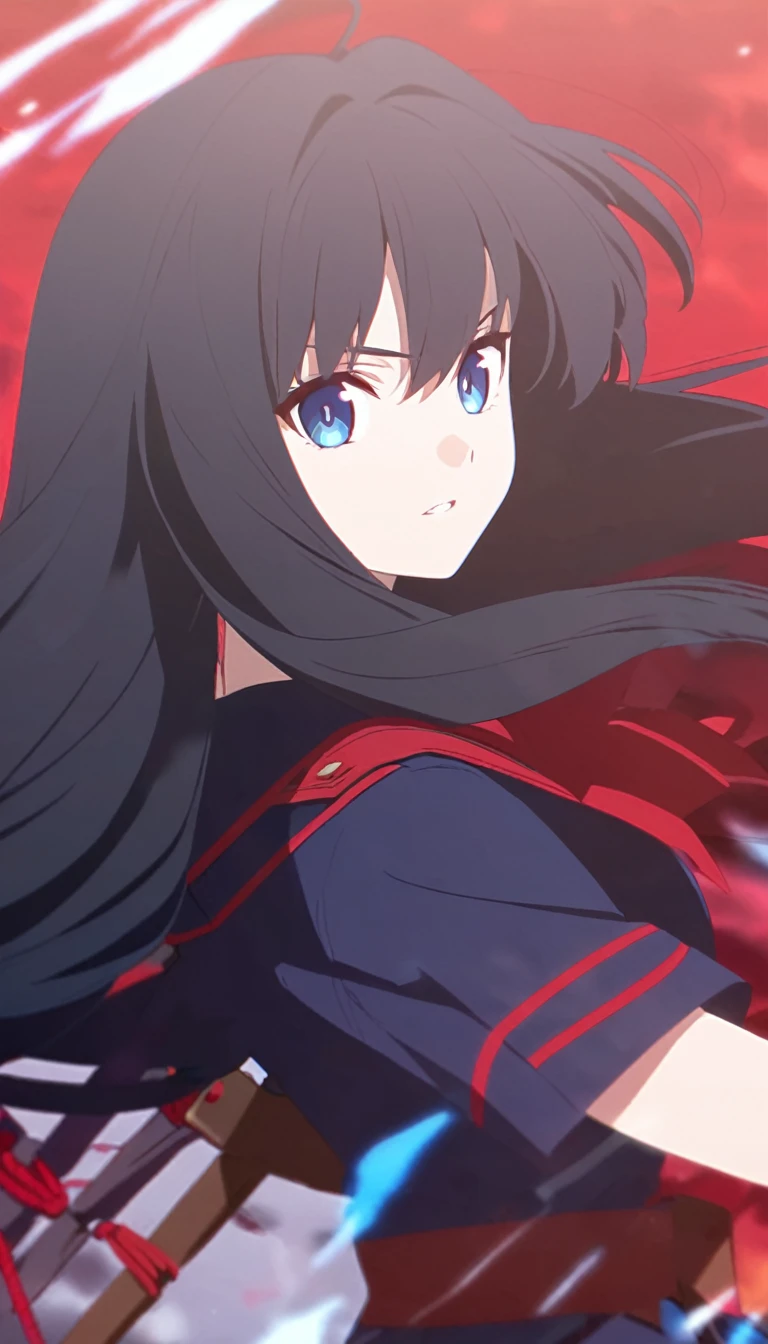 girl, anime, warrior, long hair with red and blue lines, pretty eyes, black hair
