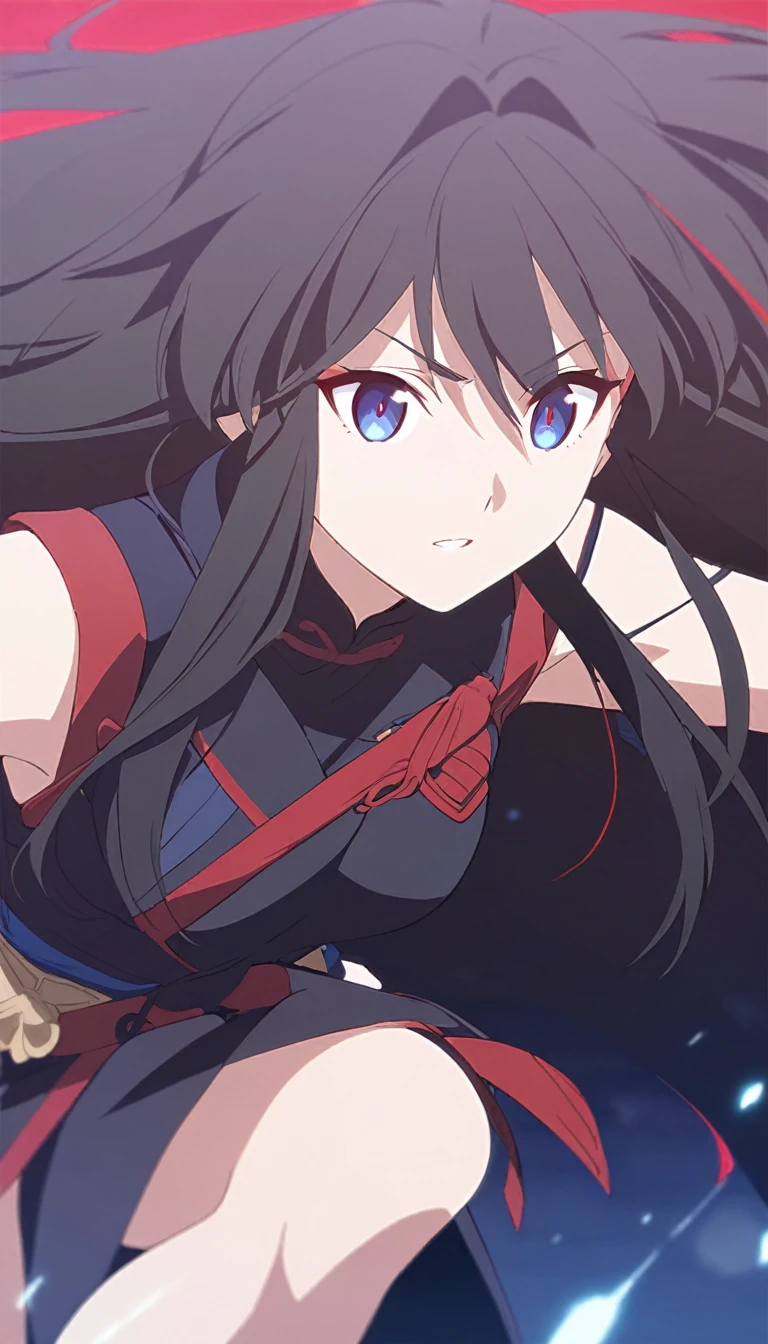girl, anime, warrior, long hair with red and blue lines, pretty eyes, black hair