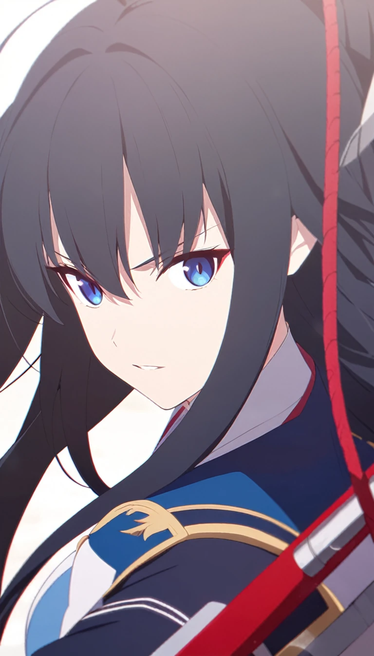 girl, anime, warrior, long hair with red and blue lines, pretty eyes, black hair