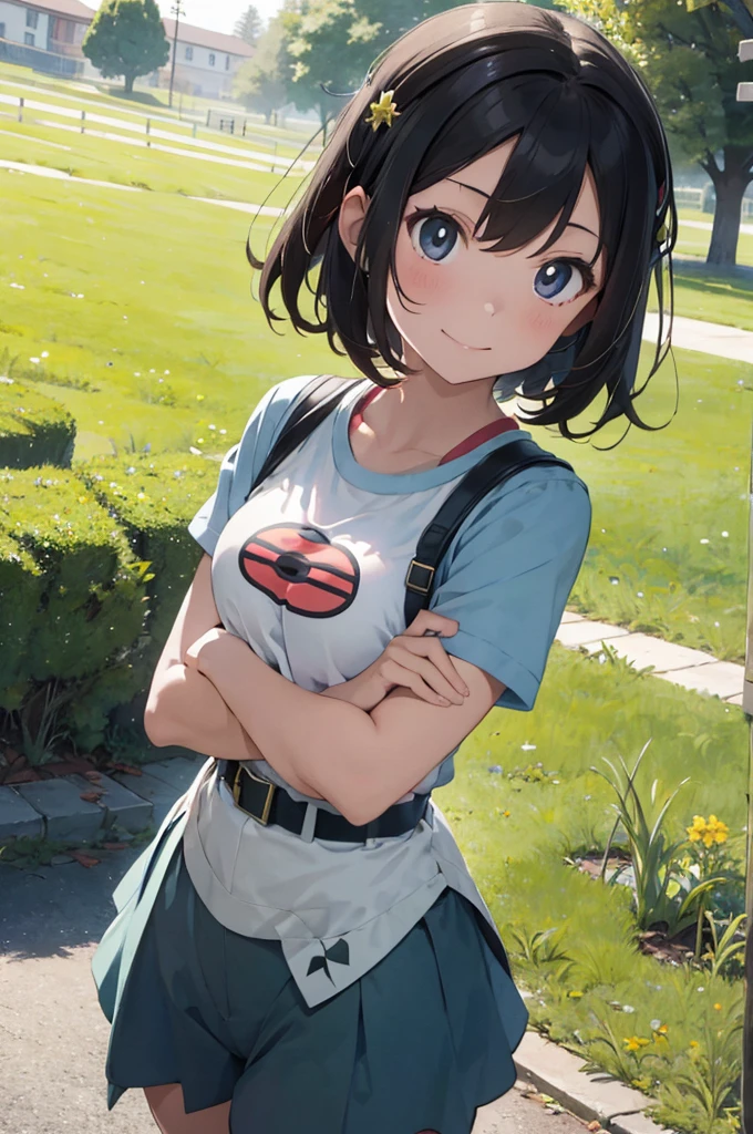 masterpiece, best quality, high resolution, serene 1, 1 girl, serene 1, 1 girl, serene (pokemon), solo, gray eyes, black hair, green shorts, red tiara, shirt, tied shirt,, short hair, short sleeves, shorts, stripes, yellow shirt, belt, middle class shooting, grass, field, smile, standing,