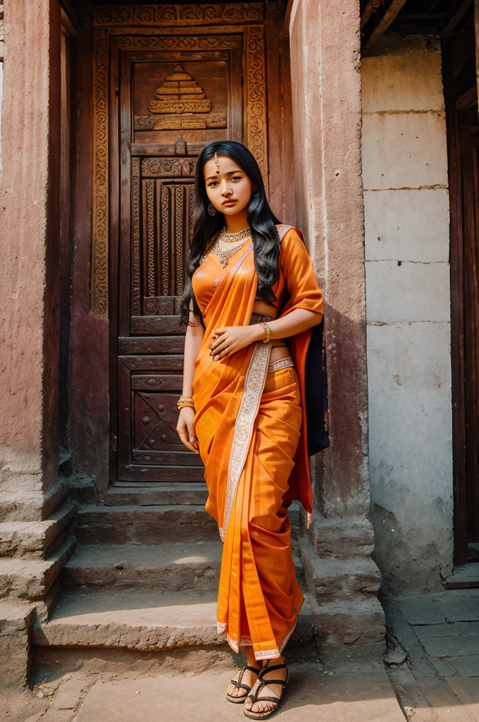 tourist, in the style of rap aesthetics, girl,Nepal,make for a memorable photo. The background is to the ancient temples and palaces of Kathmandu ,photo taken with fujifilm superia, charly amani, oversized portraits, babycore, full body, saree, blouse