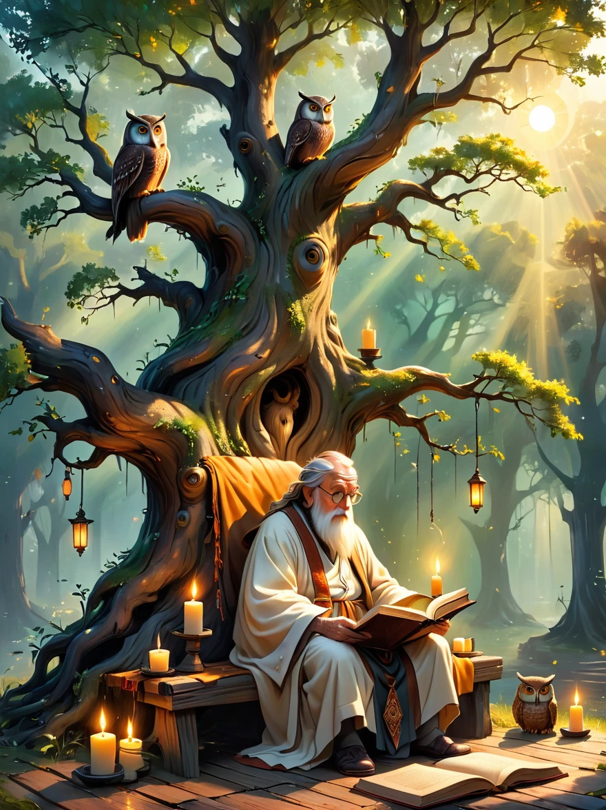 Create an image that personifies the abstract concept of wisdom. Depict an old oak tree with deep roots and a wide canopy, representing the depth and breadth of knowledge. Nearby, on a rustic wooden bench sits an elderly Caucasian man, adorned in a robe, peacefully reading an ancient leather-bound book. Sprinkled around are symbols of wisdom like an owl sitting on a tattooed branch and a group of glowing candles casting soft shadows. The setting sun in the background symbolizes the passage of time an important aspect of gaining wisdom.