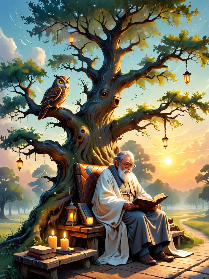 Create an image that personifies the abstract concept of wisdom. Depict an old oak tree with deep roots and a wide canopy, representing the depth and breadth of knowledge. Nearby, on a rustic wooden bench sits an elderly Caucasian man, adorned in a robe, peacefully reading an ancient leather-bound book. Sprinkled around are symbols of wisdom like an owl sitting on a tattooed branch and a group of glowing candles casting soft shadows. The setting sun in the background symbolizes the passage of time an important aspect of gaining wisdom.