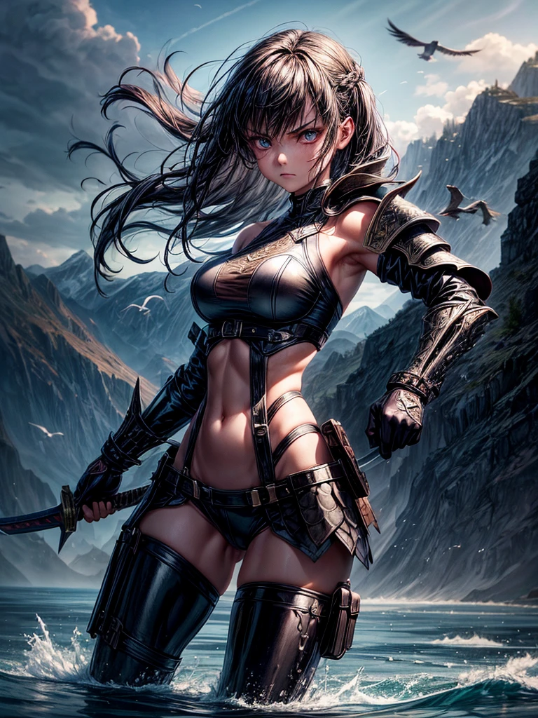 1 girl, solo, inside a lake in combat pose with a sword in hand, angry expression on his face, medieval fantasy style clothing,  dark fantasy, beautiful athletic body, beautiful  face, long  hair, shoulder armor, clothes with leather and latex details, water, wet, background mountains, cloudy sky with birds flying in the distance, add detail, action anime style drawing 
