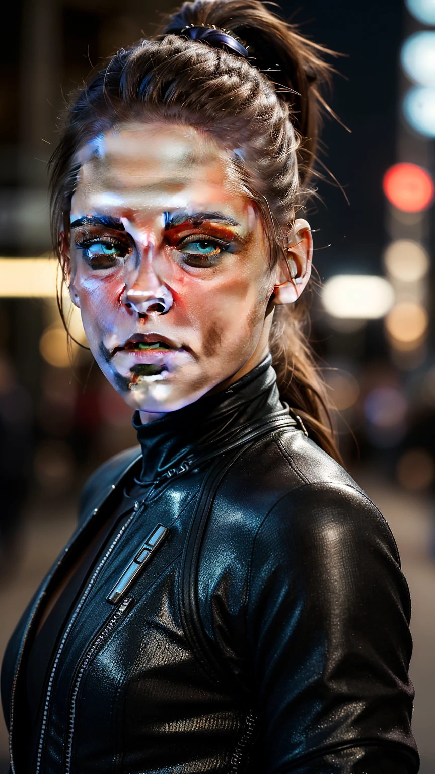 (masterpiece), (photorealistic1.4), (epiCRealLife), (best quality), (epiCFlashPhoto), (ponytail), (Kristen Stewart), (young woman), (on the street), (close up), (flashphoto), (flash photography), (make up), (laugh), (at night), (Cyberpunk bodysuit), (from front), (cowboy shots), (close up)