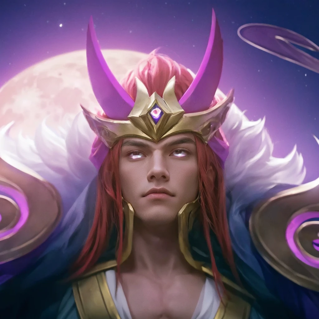 there is a 1boy with a crown on his head, god of the moon, red hair, charismatic, power stance, male god, handsome, ethereal, celestial, glowing moon in the background, dark night sky, stars, crescent moon, detailed lighting, dramatic chiaroscuro, cinematic, fantasy, digital art, 8k, hyper detailed, masterpiece, photorealistic, man, male