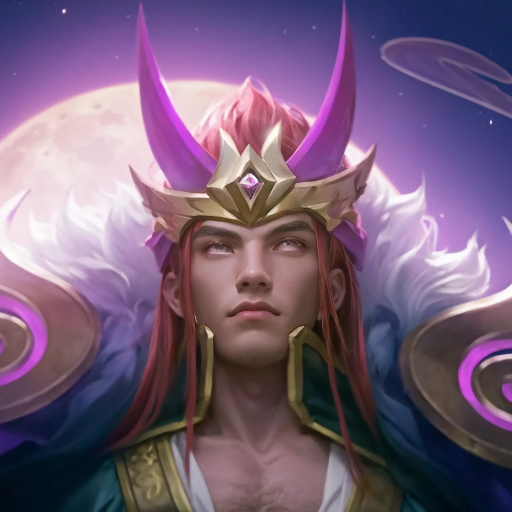 there is a 1boy with a crown on his head, god of the moon, red hair, charismatic, power stance, male god, handsome, ethereal, celestial, glowing moon in the background, dark night sky, stars, crescent moon, detailed lighting, dramatic chiaroscuro, cinematic, fantasy, digital art, 8k, hyper detailed, masterpiece, photorealistic, man, male