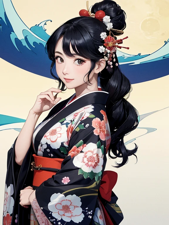 (Highest quality、masterpiece、High resolution、8K)、Ukiyo-e、Vibrant colors、Katsushika Hokusai、1 female、Black hair Japanese topknot、whole body、The kimono has a vivid floral pattern on a white background.、Official Art、背景はUkiyo-e風、White waves and Mt. Fuji、Flowers and Moon、White waves and the moon