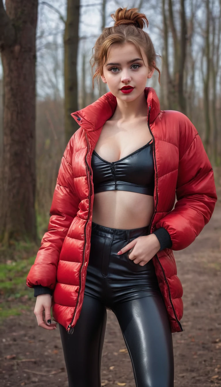 ultrarealistic high quality fullbody photo of a beautiful slim european girl with cute hyperdetailed shy face and natural redhead short messy bun and mischievous face, realistic round hazel eyes, red lips, dark eye makeup with eyeliner, wearing shiny red puffer jacket and faux leather leggins, hourglass body, outdoor shooting, (((no shirt))), visible cleavage, breasts, topless, visible nipples