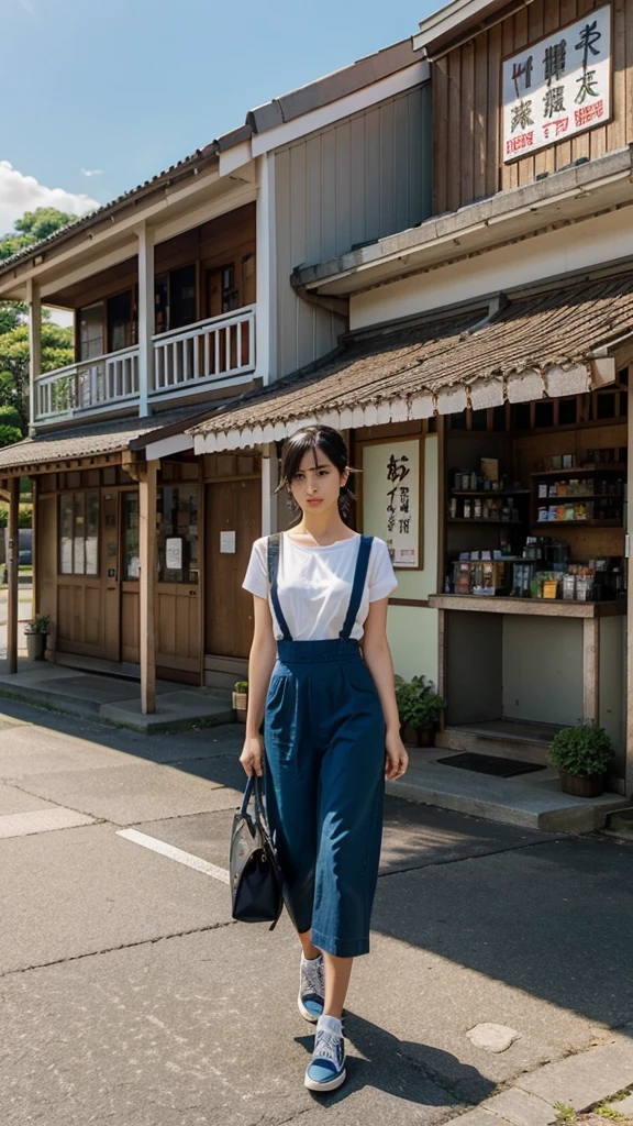 "Create a vibrant, anime-inspired scene set in a picturesque countryside location during a sunny day with clear blue skies dotted with fluffy clouds. The focal point should be a sleek, pink Supra sports car, parked near a small convenience store. The car should have a retro-futuristic design reminiscent of the .In the driver's seat, depict a young man with black hair, wearing a casual outfit, looking confidently ahead. Outside the store, include another character standing near the entrance, engaged in choosing snacks or drinks from a well-stocked display. The store should have a traditional Japanese style, with a yellow roof and colorful signage, reflecting the nostalgic charm of rural Japan.Add details like lush green trees and bushes surrounding the area, casting soft shadows on the pavement. Ensure the overall color palette is bright and saturated, capturing the warmth and vibrancy of a perfect summer day. Incorporate a sense of calm and anticipation, as if the characters are preparing for an exciting adventure."**Style:**- Anime-inspired, with clean lines and vivid colors.- Emphasize the serene and nostalgic atmosphere of the countryside.- Use bright and saturated colors to