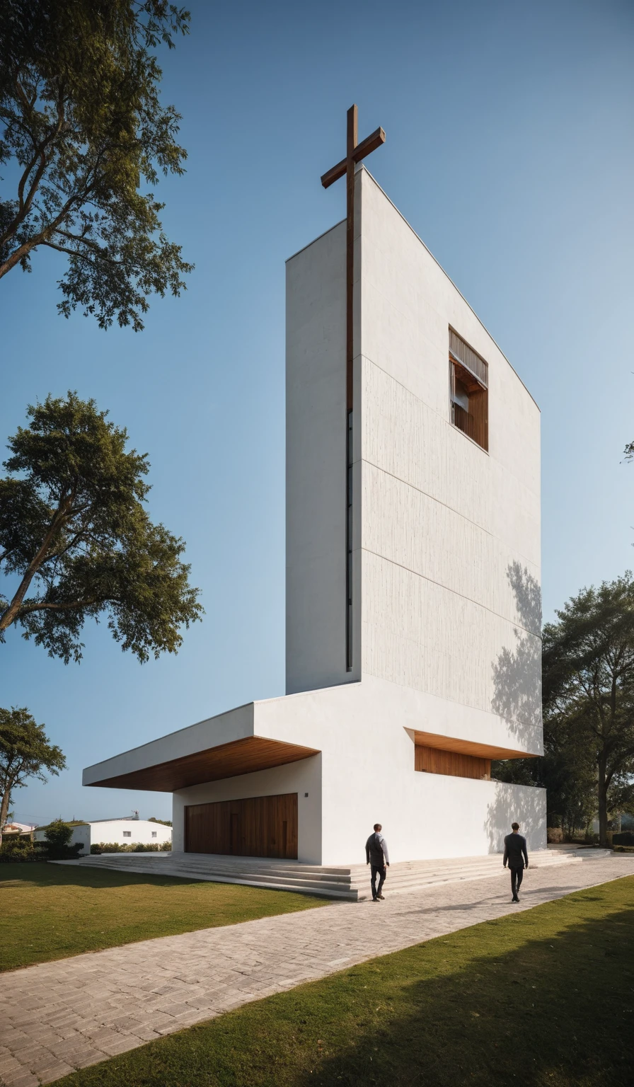 raw photo, best quality, ultra realistic, masterpiece, best quality skin, photography hd, dslr,
tcs, httlvn, modern church, road, people, house, facade design, outdoors, church, white walls, cross on top,
Dusk, sunshine,
View from a tree, dof view,